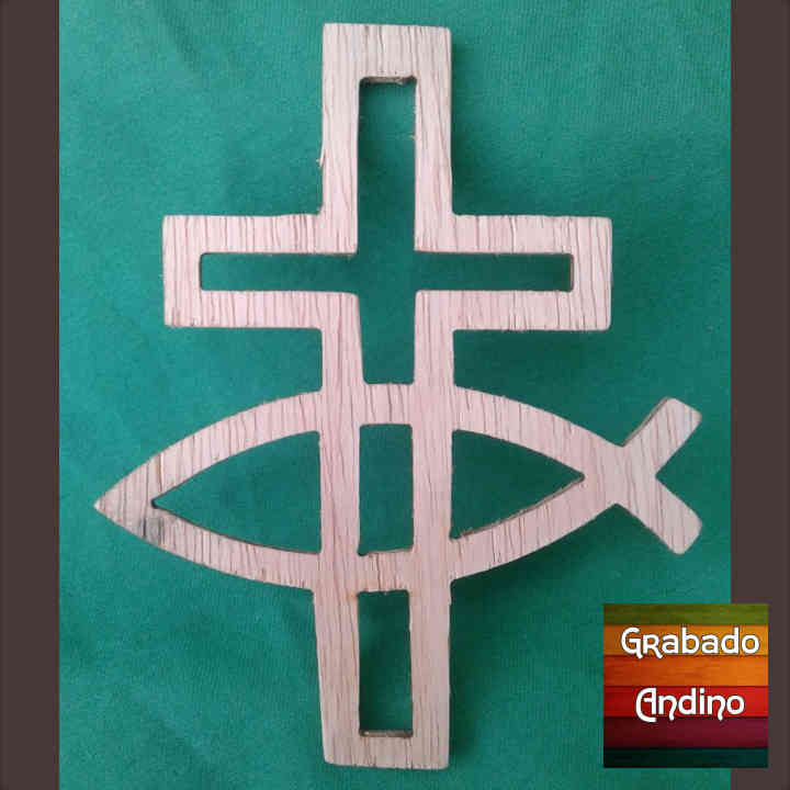 cuadro cruz y pescado estilizados